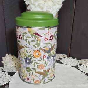 Vtg Floral Bird Pattern Tea Tin with Green Lid